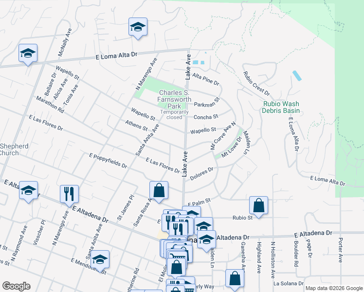 map of restaurants, bars, coffee shops, grocery stores, and more near 2975 Lake Avenue in Altadena