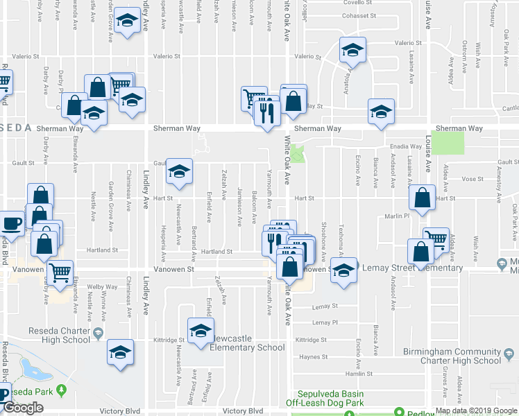 map of restaurants, bars, coffee shops, grocery stores, and more near 6948 Balcom Avenue in Los Angeles
