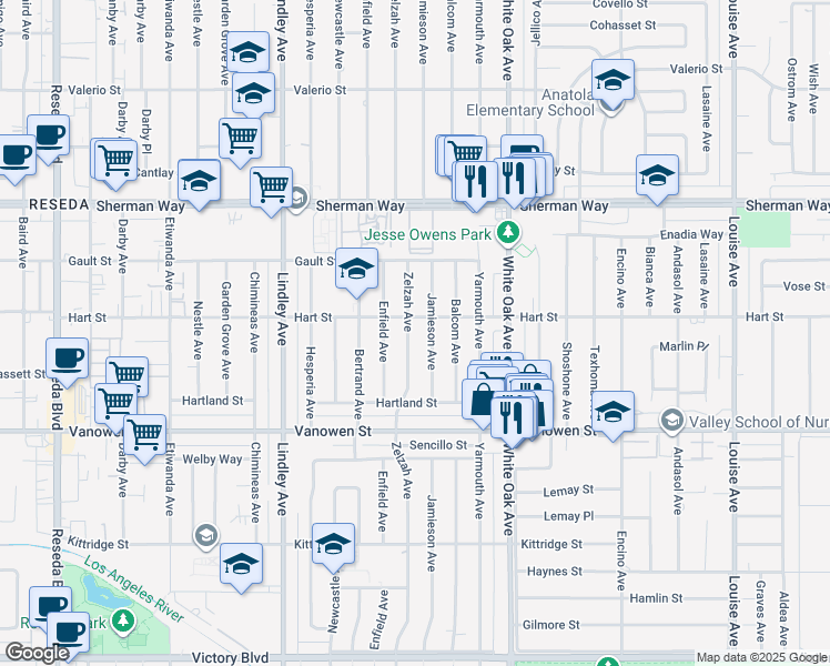 map of restaurants, bars, coffee shops, grocery stores, and more near 6948 Zelzah Avenue in Los Angeles