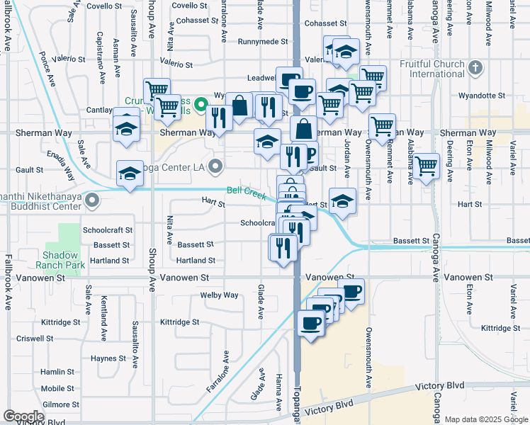 map of restaurants, bars, coffee shops, grocery stores, and more near 6948 Glade Avenue in Los Angeles