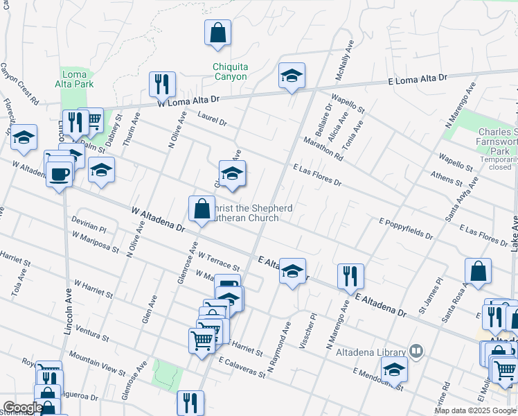 map of restaurants, bars, coffee shops, grocery stores, and more near 27 West Palm Street in Altadena