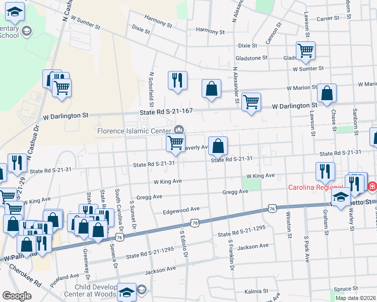 map of restaurants, bars, coffee shops, grocery stores, and more near 1210 Waverly Avenue in Florence