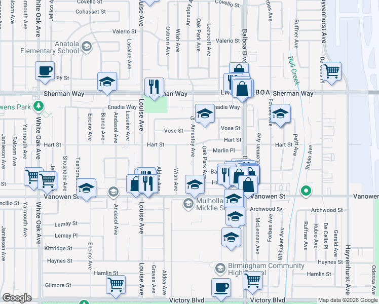 map of restaurants, bars, coffee shops, grocery stores, and more near 6945 Amestoy Avenue in Los Angeles