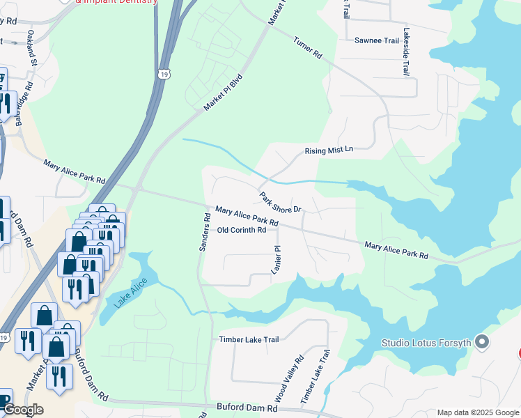 map of restaurants, bars, coffee shops, grocery stores, and more near 1415 Centerboard Court in Cumming