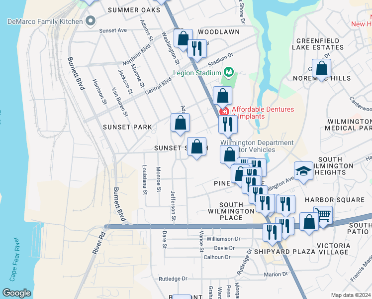 map of restaurants, bars, coffee shops, grocery stores, and more near 322 Virginia Avenue in Wilmington