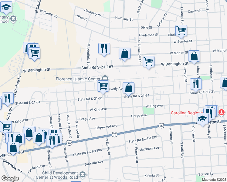map of restaurants, bars, coffee shops, grocery stores, and more near 1210 Waverly Avenue in Florence