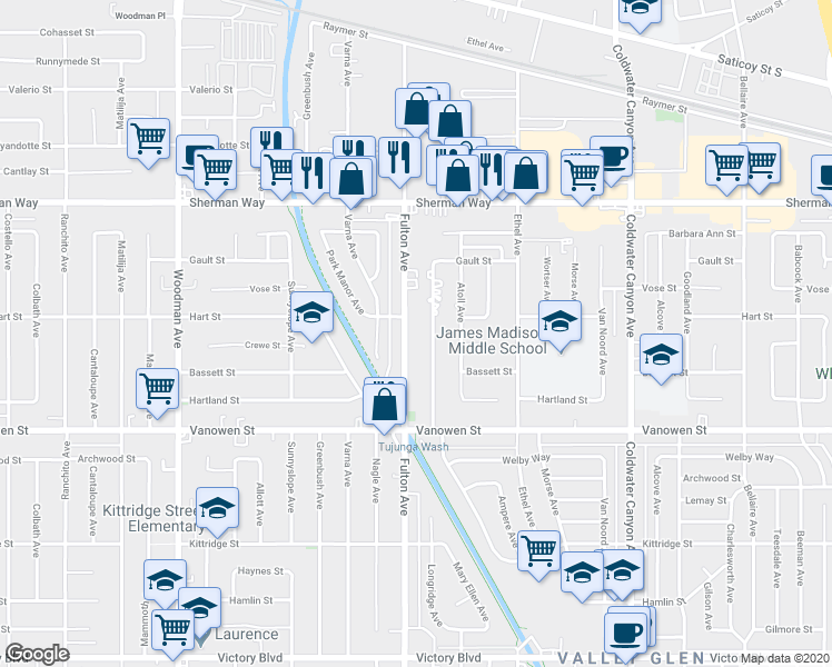 map of restaurants, bars, coffee shops, grocery stores, and more near 6940 Fulton Avenue in Los Angeles