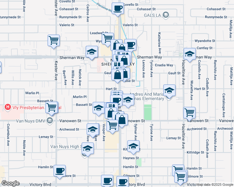 map of restaurants, bars, coffee shops, grocery stores, and more near 6945 Van Nuys Boulevard in Los Angeles