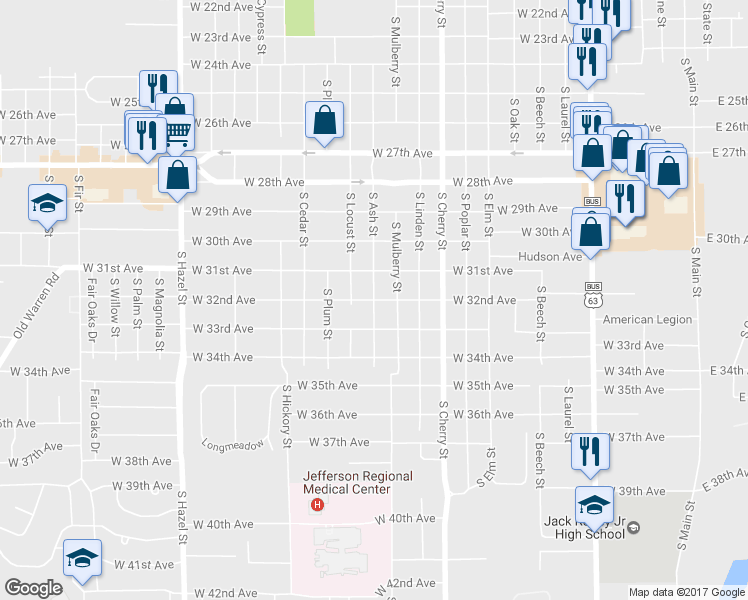 map of restaurants, bars, coffee shops, grocery stores, and more near 3201 South Ash Street in Pine Bluff
