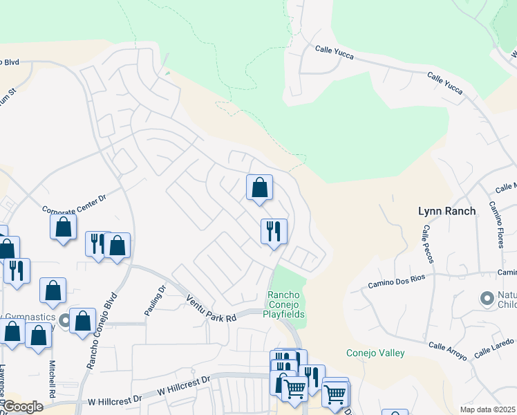 map of restaurants, bars, coffee shops, grocery stores, and more near 1624 Applefield Street in Thousand Oaks