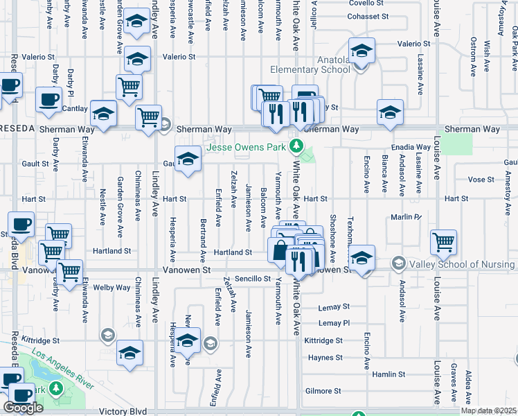 map of restaurants, bars, coffee shops, grocery stores, and more near 6949 Balcom Avenue in Los Angeles