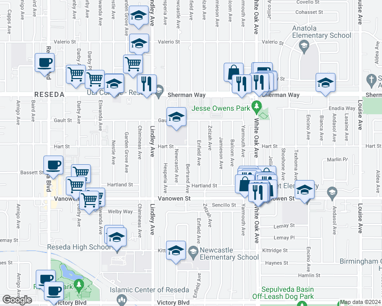 map of restaurants, bars, coffee shops, grocery stores, and more near 6946 Bertrand Avenue in Los Angeles