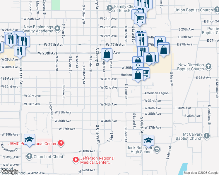 map of restaurants, bars, coffee shops, grocery stores, and more near 3200 South Elm Street in Pine Bluff