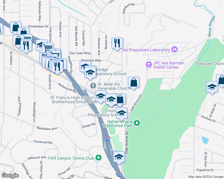 map of restaurants, bars, coffee shops, grocery stores, and more near 4543 Belita Lane in La Cañada Flintridge