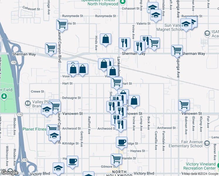 map of restaurants, bars, coffee shops, grocery stores, and more near Simpson Avenue in Los Angeles