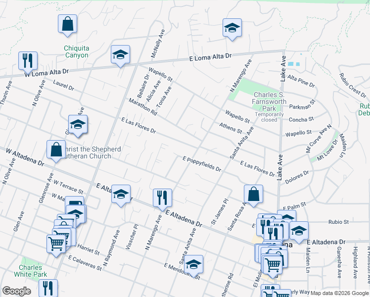 map of restaurants, bars, coffee shops, grocery stores, and more near 306 East Las Flores Drive in Altadena