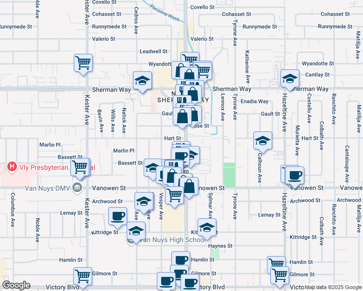 map of restaurants, bars, coffee shops, grocery stores, and more near 6945 Van Nuys Boulevard in Los Angeles