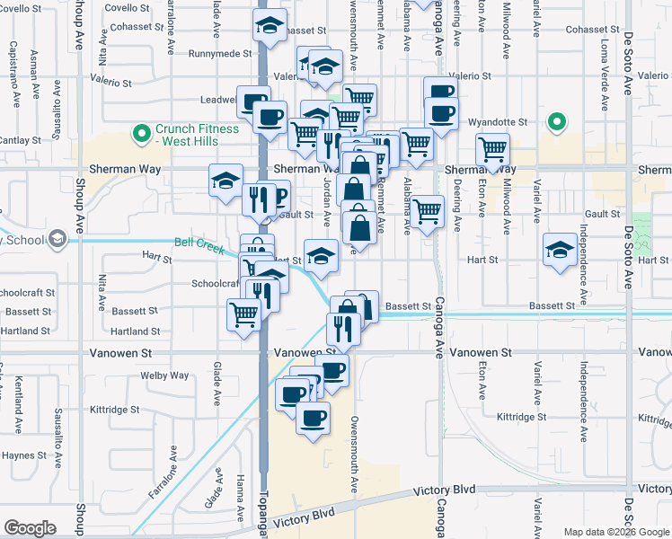 map of restaurants, bars, coffee shops, grocery stores, and more near 21720 Hart Street in Los Angeles