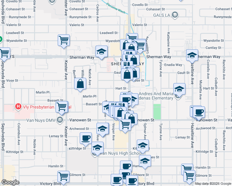 map of restaurants, bars, coffee shops, grocery stores, and more near 6948 Vesper Avenue in Los Angeles