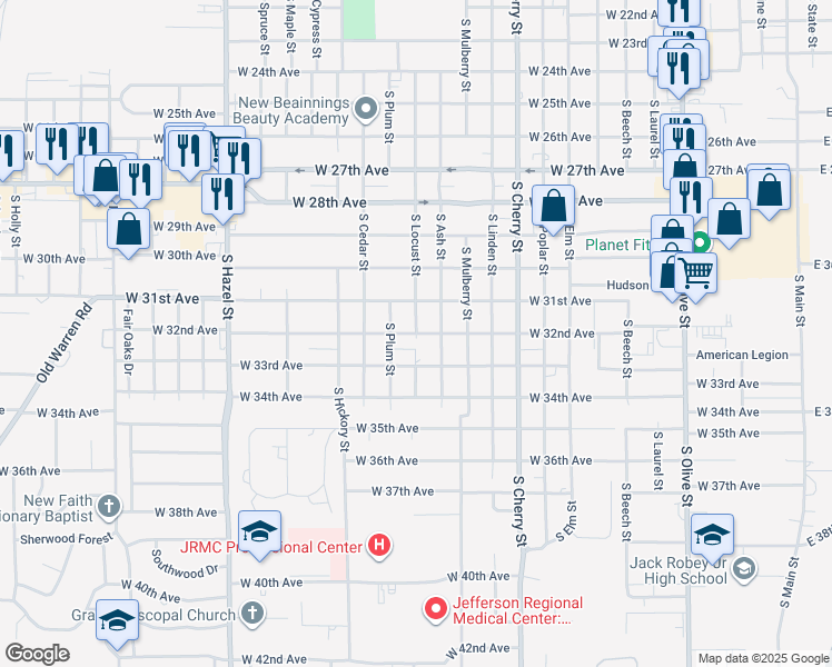 map of restaurants, bars, coffee shops, grocery stores, and more near 1503 West 32nd Avenue in Pine Bluff