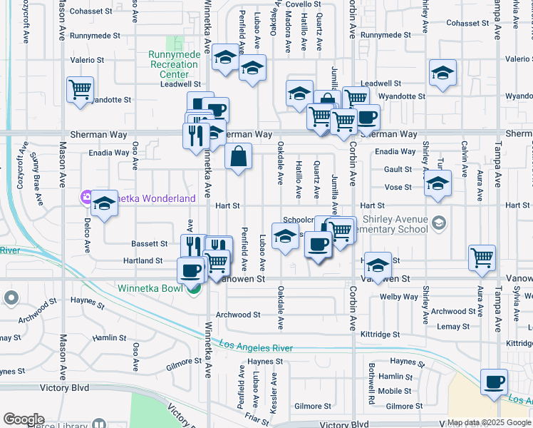map of restaurants, bars, coffee shops, grocery stores, and more near 6948 Lubao Avenue in Los Angeles