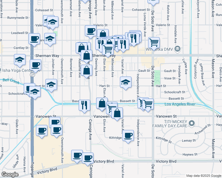 map of restaurants, bars, coffee shops, grocery stores, and more near 6933 Milwood Avenue in Los Angeles