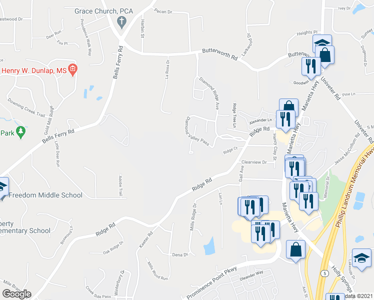 map of restaurants, bars, coffee shops, grocery stores, and more near 307 Stone Valley Crossing in Canton