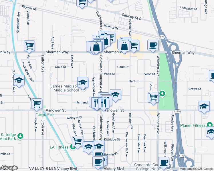 map of restaurants, bars, coffee shops, grocery stores, and more near 6941 Alcove Avenue in Los Angeles