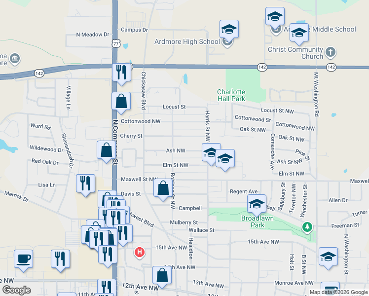 map of restaurants, bars, coffee shops, grocery stores, and more near 719 Ash Northwest in Ardmore