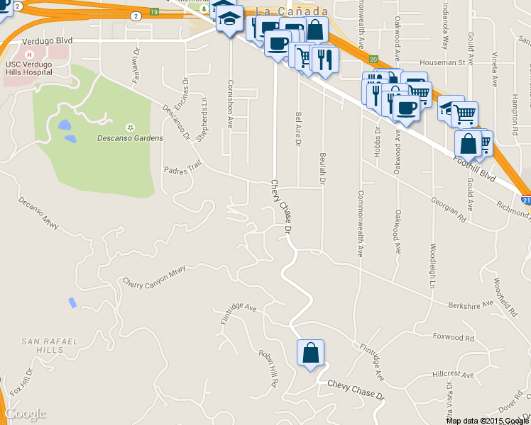 map of restaurants, bars, coffee shops, grocery stores, and more near 4281 Hampstead Road in La Cañada Flintridge