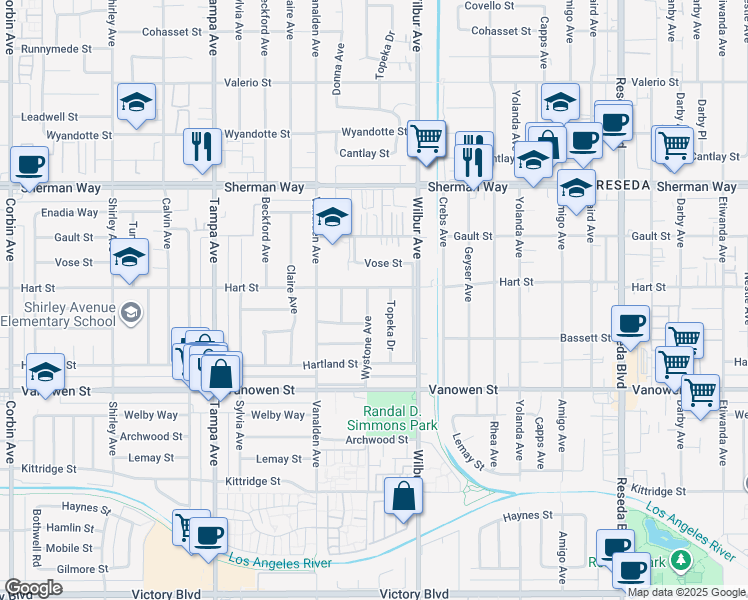 map of restaurants, bars, coffee shops, grocery stores, and more near 6952 Wystone Avenue in Los Angeles