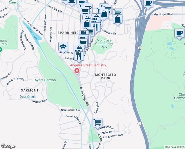 map of restaurants, bars, coffee shops, grocery stores, and more near 3203 Sparr Boulevard in Glendale