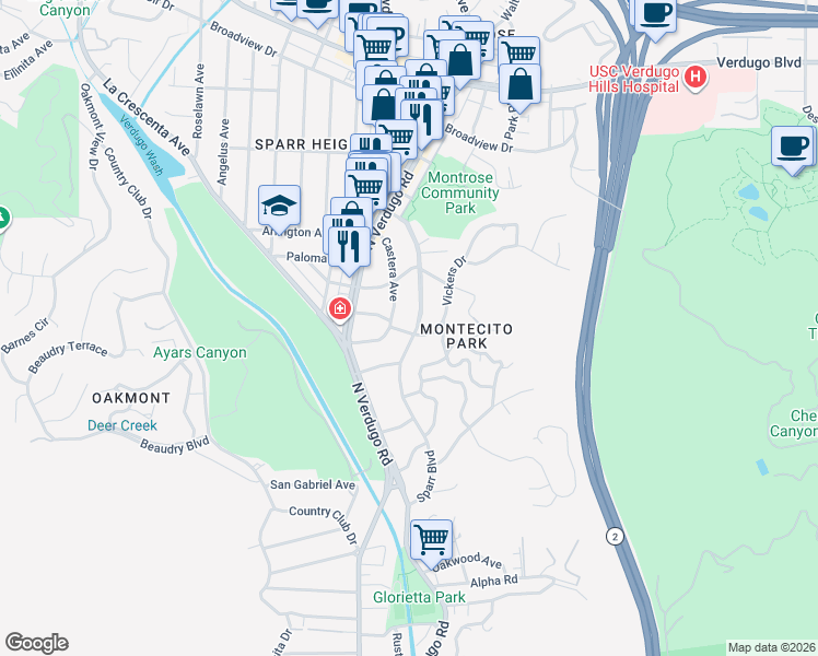map of restaurants, bars, coffee shops, grocery stores, and more near 3203 Sparr Boulevard in Glendale