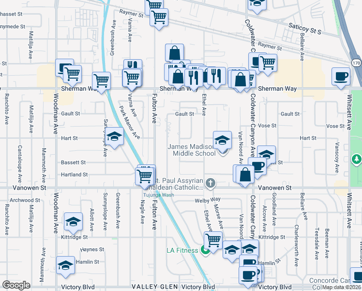 map of restaurants, bars, coffee shops, grocery stores, and more near 6941 Atoll Avenue in Los Angeles