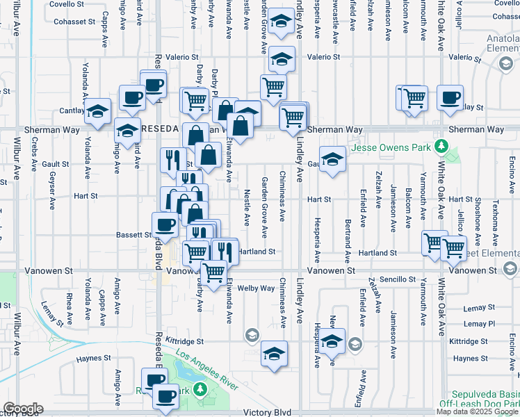 map of restaurants, bars, coffee shops, grocery stores, and more near 6951 Garden Grove Avenue in Los Angeles