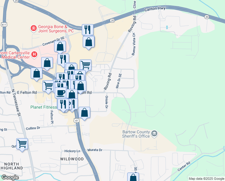 map of restaurants, bars, coffee shops, grocery stores, and more near 224 East Felton Road in Cartersville