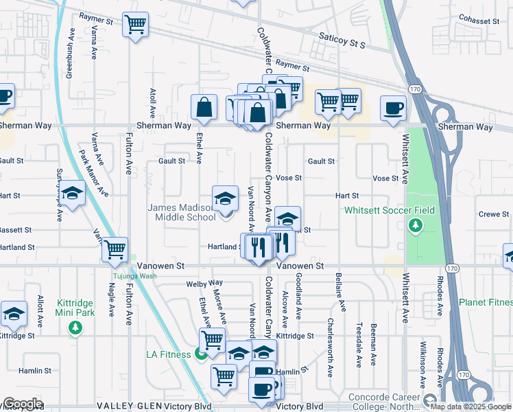 map of restaurants, bars, coffee shops, grocery stores, and more near 6944 Van Noord Avenue in Los Angeles