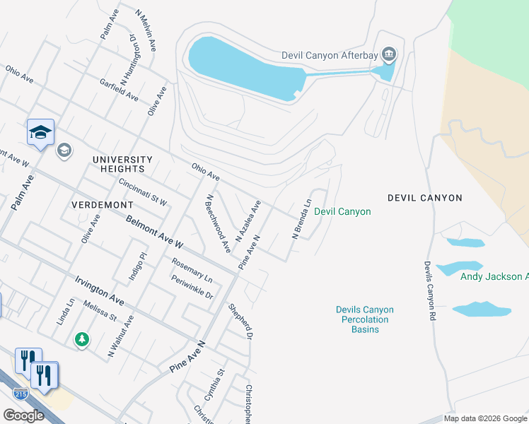 map of restaurants, bars, coffee shops, grocery stores, and more near 6384 Pine Avenue North in San Bernardino