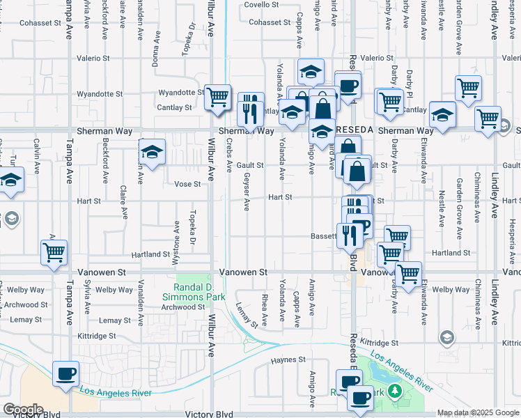 map of restaurants, bars, coffee shops, grocery stores, and more near 6943 Rhea Avenue in Los Angeles