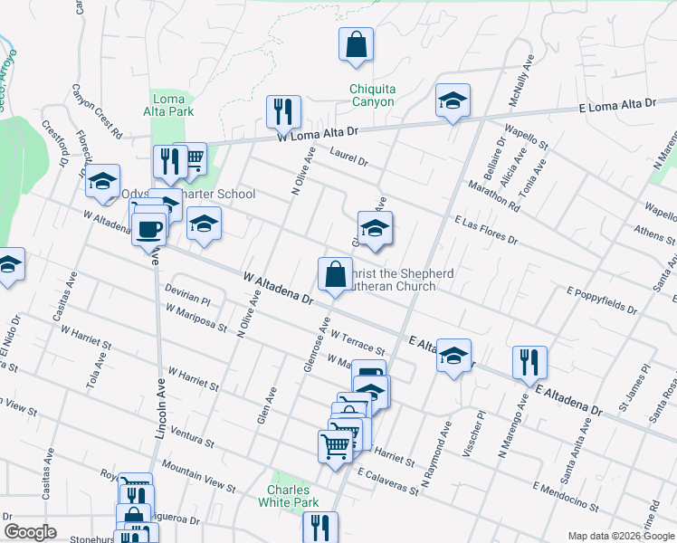 map of restaurants, bars, coffee shops, grocery stores, and more near 3059 Glenrose Avenue in Altadena