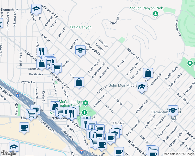 map of restaurants, bars, coffee shops, grocery stores, and more near 613 Andover Drive in Burbank