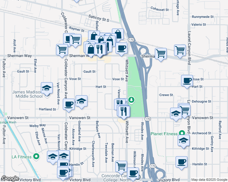 map of restaurants, bars, coffee shops, grocery stores, and more near 6946 Babcock Avenue in Los Angeles
