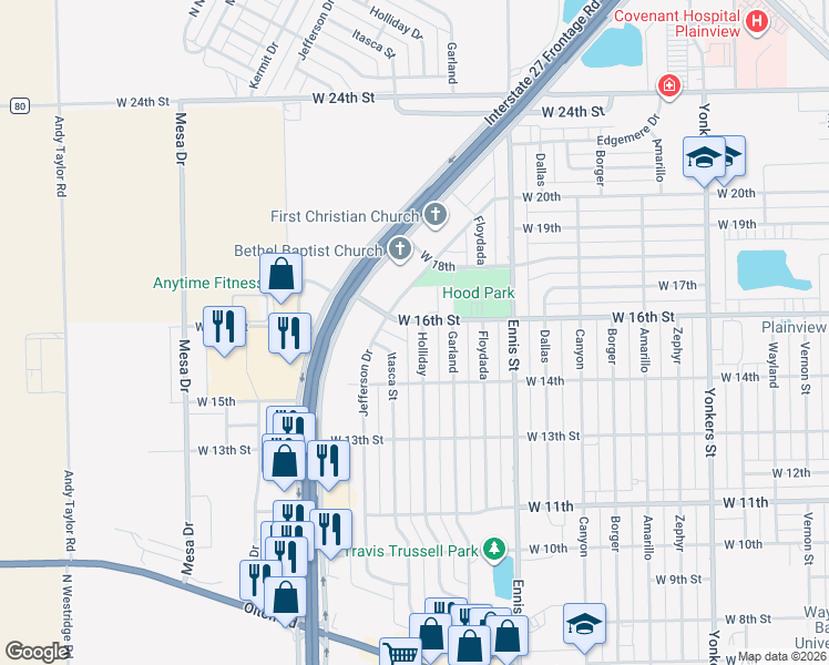map of restaurants, bars, coffee shops, grocery stores, and more near 3505 W 16th St in Plainview