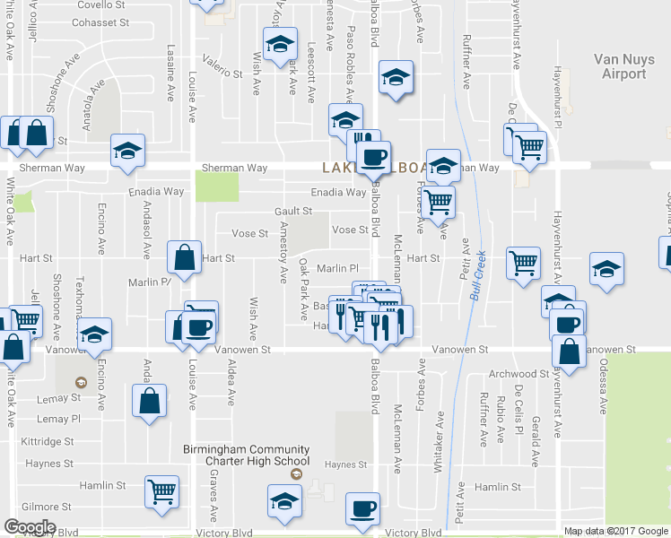 map of restaurants, bars, coffee shops, grocery stores, and more near 16944 Marlin Place in Los Angeles