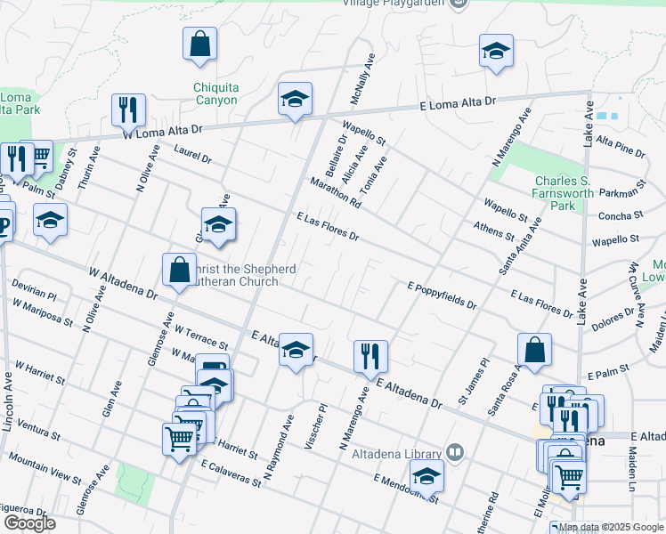 map of restaurants, bars, coffee shops, grocery stores, and more near 3079 Highview Avenue in Altadena