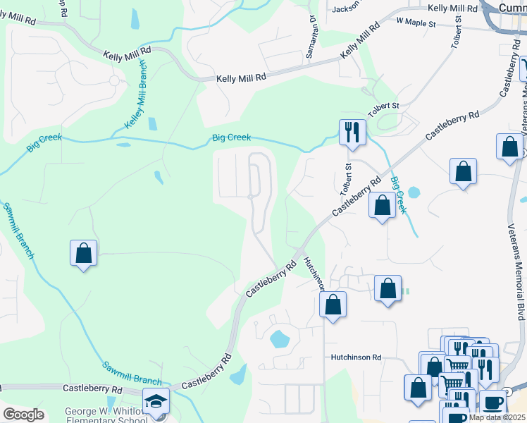 map of restaurants, bars, coffee shops, grocery stores, and more near 3335 Castleberry Village Circle in Cumming