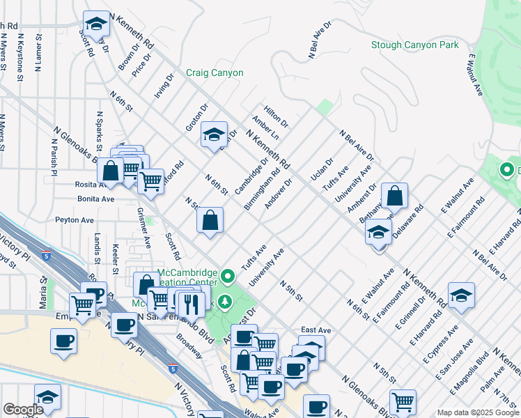 map of restaurants, bars, coffee shops, grocery stores, and more near 613 Andover Drive in Burbank
