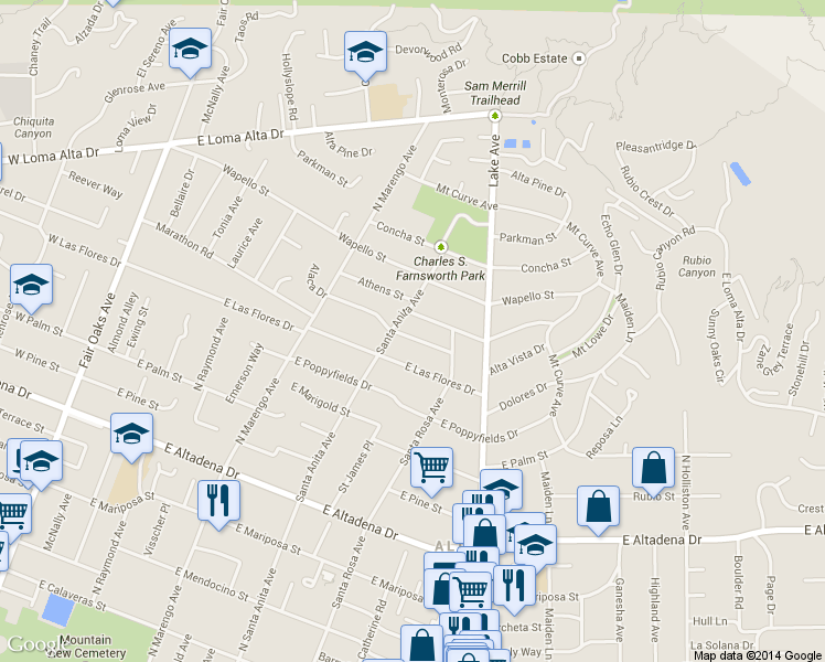 map of restaurants, bars, coffee shops, grocery stores, and more near 559 Punahou St in Altadena