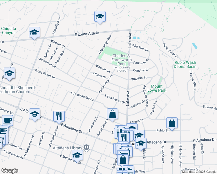 map of restaurants, bars, coffee shops, grocery stores, and more near 559 Punahou Street in Altadena