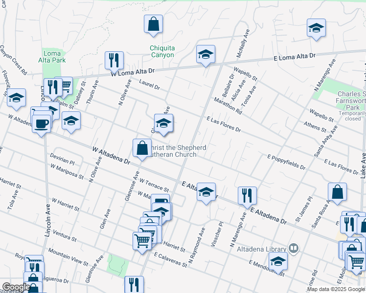 map of restaurants, bars, coffee shops, grocery stores, and more near 27 West Palm Street in Altadena